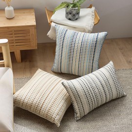Boho Throw Pillow Covers 18x18 Inch Set of 2 Striped Chenille Farmhouse Decorative Cushion Covers for Sofa Couch Bed Living Room Farmhouse Decor (Colorful, 18x18 Inch (Pack of 2))