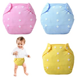 3Pcs Reusable Swim Nappy for Babies,Washable Swim Nappies,Adjustable Reusable Swim Nappies,Baby Swim Nappies for Swimming Lessons,Beach,and Pool Use,Fit for 0-3 Years(Blue, Pink, Yellow)