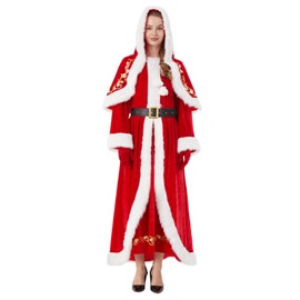ADOMI 4 PCS Mrs Claus Costume Adult Women Miss Santa Dress Christmas Outfit Plus Size Suit with Hooded Cape Belt Gloves XL