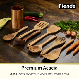 Wooden Cooking Utensils, Beautifully Handcrafted Wooden Kitchen Utensils Set with Holder, Ergonomic, Lightweight & Durable Wooden Spatulas and Spoons, Natural non-stick heat-resistant kitchen Cookware