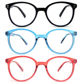 KoKoBin 3 Pack Retro Round Reading Glasses for Women，Blue Light Blocking Comfortable Readers With Spring Hinges +3.0