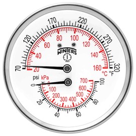 Winters TTD Series Steel Dual Scale Tridicator Thermometer with 2" Stem, 0-100psi/kpa, 3" Dial Display, ±3-2-3% Accuracy, 1/2" NPT Back Mount, 70-320 Deg F/C