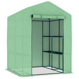 Greenhouse with Shelves and 1 Door | Outdoor Indoor Green House | Plastic Plant Green House for Outside Garden Patio Backyard Yard | Green PE with Powder-Coated Steel Frame 56.3" x 56.3" x 76.8"