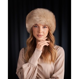 Futrzane Siberian Trim Hat - Womens Leather Faux Fur Hats - Elegant Russian Hat (L, Gold - Gold Siberian)
