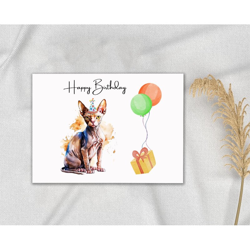 ABSMDesigns Sphynx Cat Birthday Card - Birthday Balloons Card -