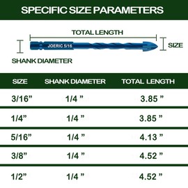 JOERIC Masonry Drill Bit Set, 10 Pieces Concrete Drill Bits Set Ceramic Drill Bit Carbide for Ceramic Tile, Plastic, Wall, Brick, Cement, Concrete, Wood with Size 3/16” to 1/2”(Blue)
