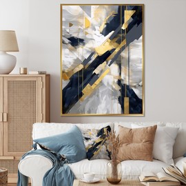 DesignQ Black Canvas wall art, Abstract Shapes Wall Art, Fight Of Gold And Black Abstraction, Abstract Shapes Gold Framed Wall art decor, 16x32 inches