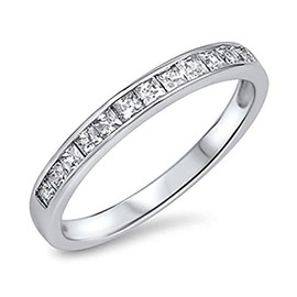 DoubleAccent Sterling Silver Wedding Ring Princess Cut Channel Set Wedding Band 3MM (Size 5 to 12), 11
