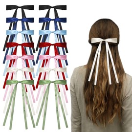 SYEYCW Pack of 14 Hair Clips Bow, Colourful Bow Hair Clips with Long Tails, Satin Ribbon Hair Bows with Metal Clips, Pure Colour Bows Hair Bun Hair Clip for Girls Women