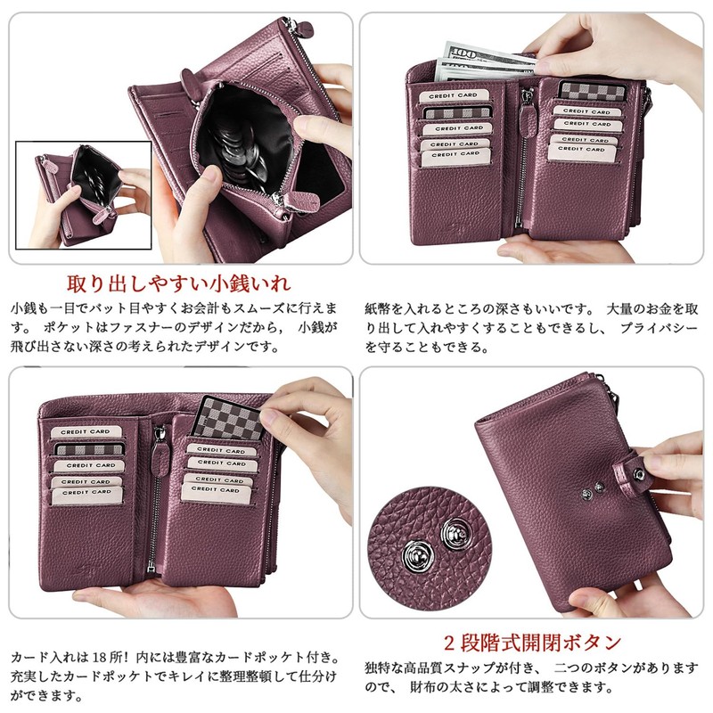 F.ZH Women's Bi-Fold Wallet, Short Wallet, Genuine Leather, Coin Pocket,