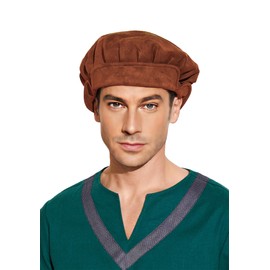 FURPHI Medieval Beret Cap for Men Women Faux Suede Hat Christmas Costume Renaissance Faire Accessories Brown