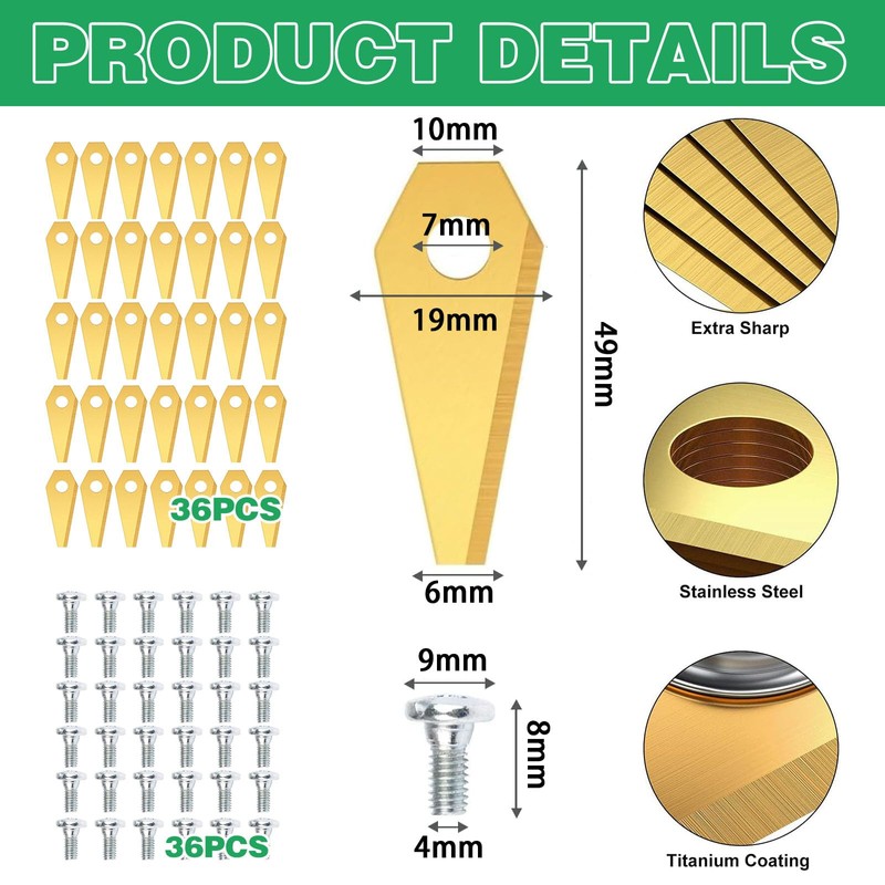 Pack of 36 Robotic Lawnmower Blades, High-Quality Titanium Replacement Blade,