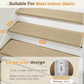 SMILOOL Bullnose Carpet Stair Treads Non Slip for Wooden Steps Indoor, 9.5" x 35" 14 Pieces, Extra Wide Bull Nose Carpet Runners for Wood Stairs, Step Covers, Stair Tread Rugs, Washable, Beige