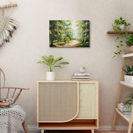 Green Forest Wall Art Abstract Birch Trees and Path Oil Painting Style Canvas Prints Art Sunrise Nature Landscape Picture Decor for Living Room Bathroom Bedroom Home Decoration Ready to Hang 16x24"