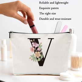 MQBMQB Rose Letter Initial V Makeup Bags for Women Lined Monogram Cosmetic Bag with Zipper Birthday Gifts for Women Girls Bridesmaid Best Friends Sisters, Travel Toiletry Bag, Wedding Gifts