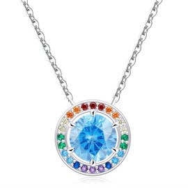 Qings 925 Sterling Silver Birthstone Necklace for Women Classic Cubic Zirconia Round Pendant Necklace 12 Months Jewellery Gift for Mum Girls Birthday Wedding 45 cm + 5 cm Chain Gift Box, Sterling