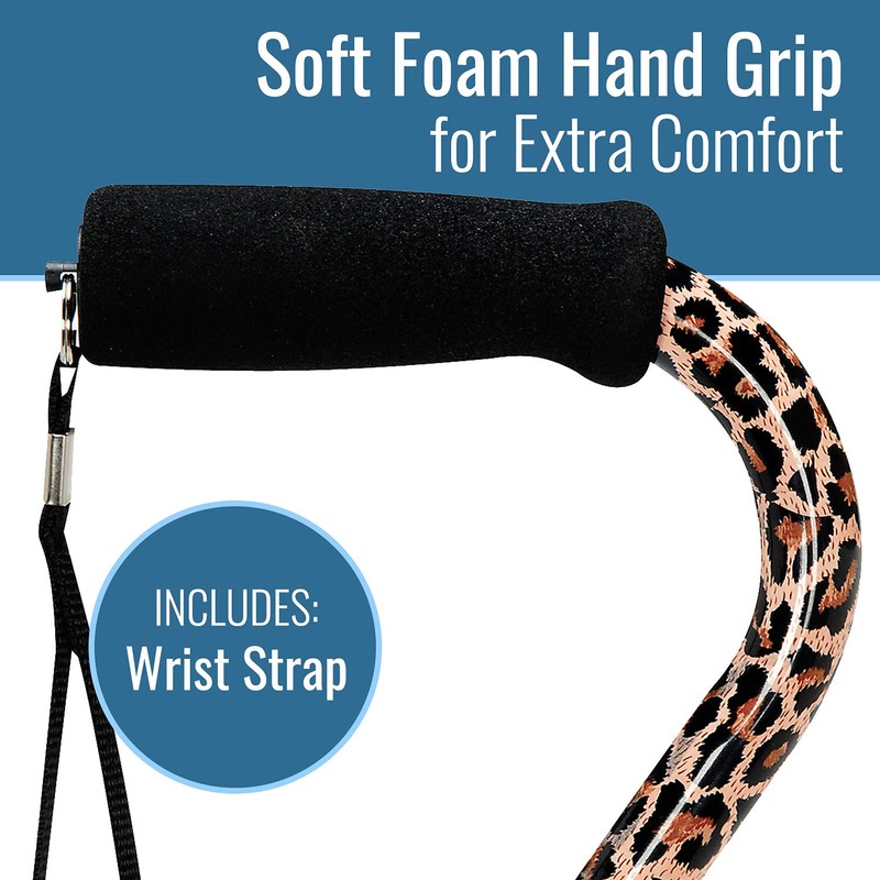 DMI Adjustable Designer Cane with Offset Handle and Strap, Leopard,