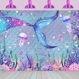 Hnmdmyi 2.1 x 1.5 m Photo Background Mermaid Under the Sea Purple Coral Beads Glitter Scales Underwater Photography Background Girls Princess Little Mermaid Birthday Party Decoration
