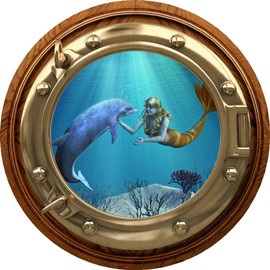 12" Porthole 3D Window Wall Sticker Mermaid & Dolphin #1 BRASSWOOD Port Scape Decal Sea Ocean Submarine Window Kids Room Decor Wall Art Removable Vinyl