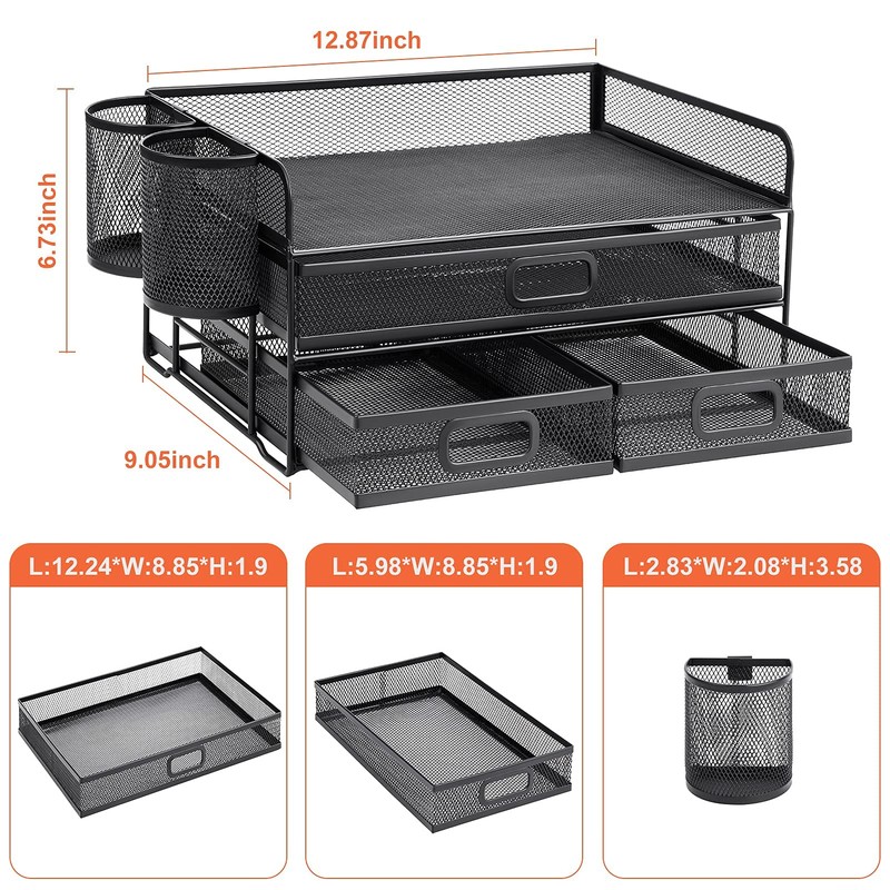 Marbrasse 3 Tier Mesh Desk Organizer with Drawer, Multi-Functional Desk
