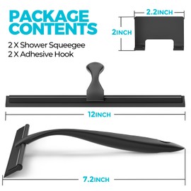 ALFLOD 2PACK 12-Inch Black All-Purpose Shower Squeegee for Shower Doors, Tile Shower Walls, Bathroom, Window, Glass and Car Windshield, Mirrors and Kitchen-Stainless Steel