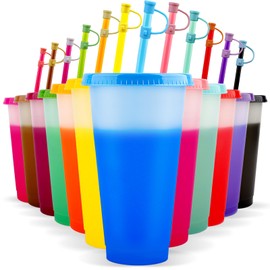 EASEVE Color Changing Cups with Lids and Straws - 12 Packs 24 oz Reusable Plastic Tumblers with Lids and Straws for Adults Kid Party, Bulk Tumblers for Iced Coffee Tea and Smoothie (with Straw Cover)