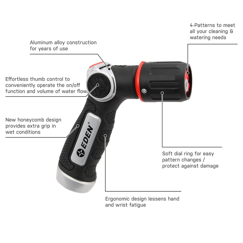 Eden 94827 Heavy Duty Metal Garden Hose Thumb-Control 4-Pattern Nozzle