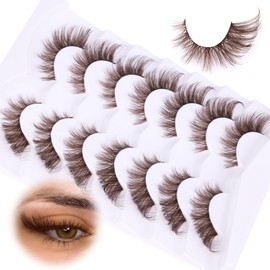Brown Eyelashes Fairy Lashes Cat Eye Wispy False Eyelashes Strip Lashes Mink Fluffy Strip Lashes Brown Fox Eye Long Volume Fake Eyelashes 7 Pairs ALICROWN