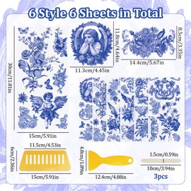 WANDIC 6 Pcs Blue Rub On Transfer Sticker,Angel Transfer Stickers Vintage Flower Decals for Present Packaging DIY Scrapbooking Photo Albums Furniture,15 * 30cm