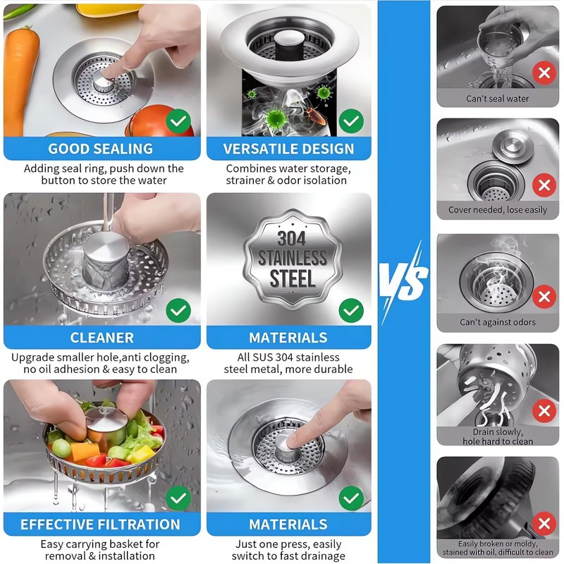 Naturezhen Universal 3-in-1 Kitchen Sink Drain Strainer, 304 All Stainless