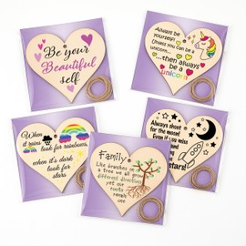 Pack of 5 Decorative Wooden Heart Plaques – Inspirational Quote Wall Art – x5 Set Rustic Hanging Signs for Home, Office, Bedroom, or Gift Giving