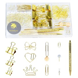 Push Pins Set, 140pcs Thumb Tacks 3 Size Binder Clips, Jumbo Paper Clips Cute Paper Clips Map Tacks Assorted Styles Office Accessroies with Gel Pen for School Home Office, Gold