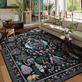 Moynesa Washable 5x7 Living Room Area Rug, Boho Black Rug for Bedroom, Non Slip Ultra Thin Floral Rug Stain Resistant Indoor Floor Carpet for Dining Room Home Office Kitchen