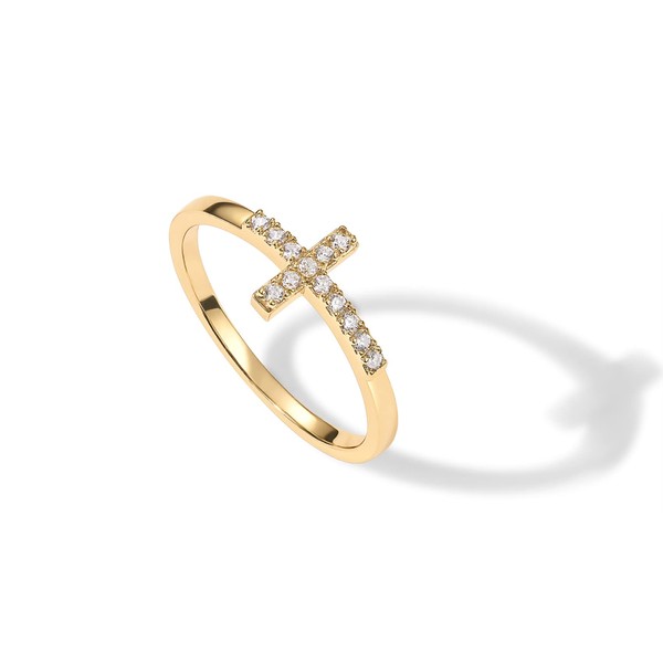 PAVOI 14K Gold Plated CZ Cross Ring | Eternity Promise Ring for Her | Infinity Wedding Band Ring (Yellow Plated, 7)