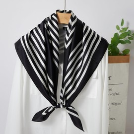 WUZININGLE 100% Mulberry Silk Head Scarf for Sleeping 35"x35" Square Silk Hair Scarf for Women Lightweight Silk Scarf Large Black Scarf-Stripes