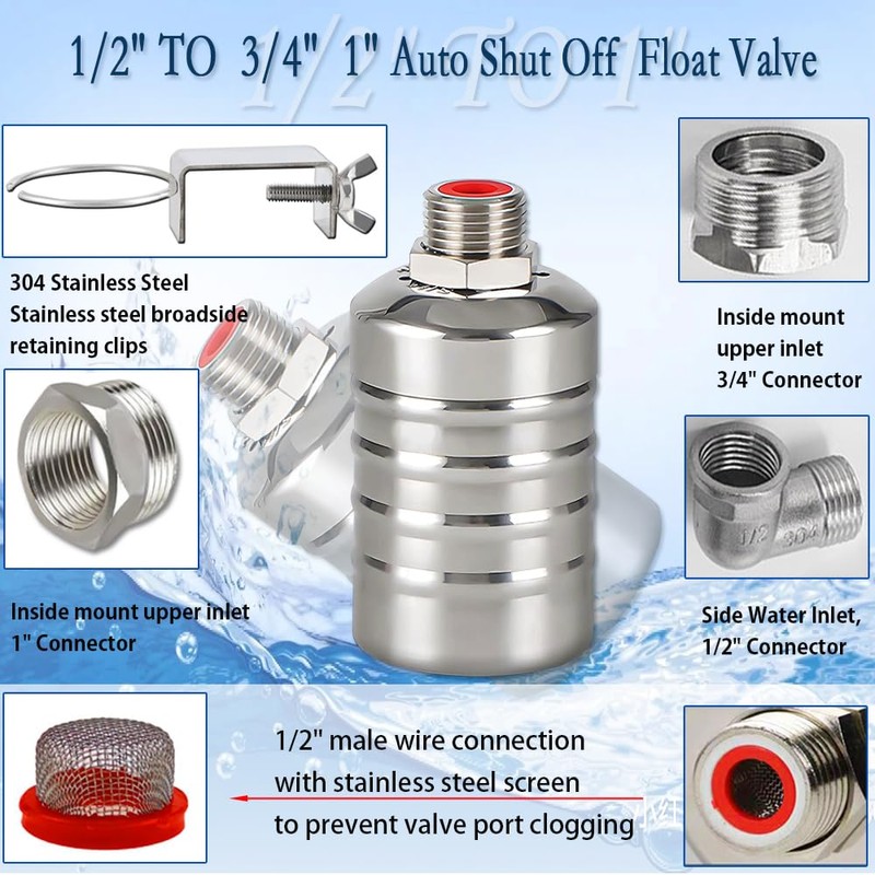 Float Valve,1/2" to 3/4" 1'' Water Level Control Float Valve,
