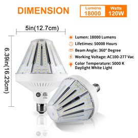1200W Equivalent Led Corn light bulbs,120W 18000 Lumens LED Corn Bulb 5000K Daylight White Lamp,E26 Medium/E39 Mogul Base,2-Pack Large Area Lights For Outdoor Indoor Garage Warehouse High Bay Lighting