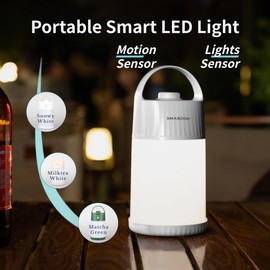 SMASOON Motion Sensor LED Night Light - Cordless Battery Powered Table Lamp, Portable Lamps Lantern for Outdoor Camping Tents, 3 Brightness Level, Press Dimmable Safe Night Lights, 1 Pack (White)