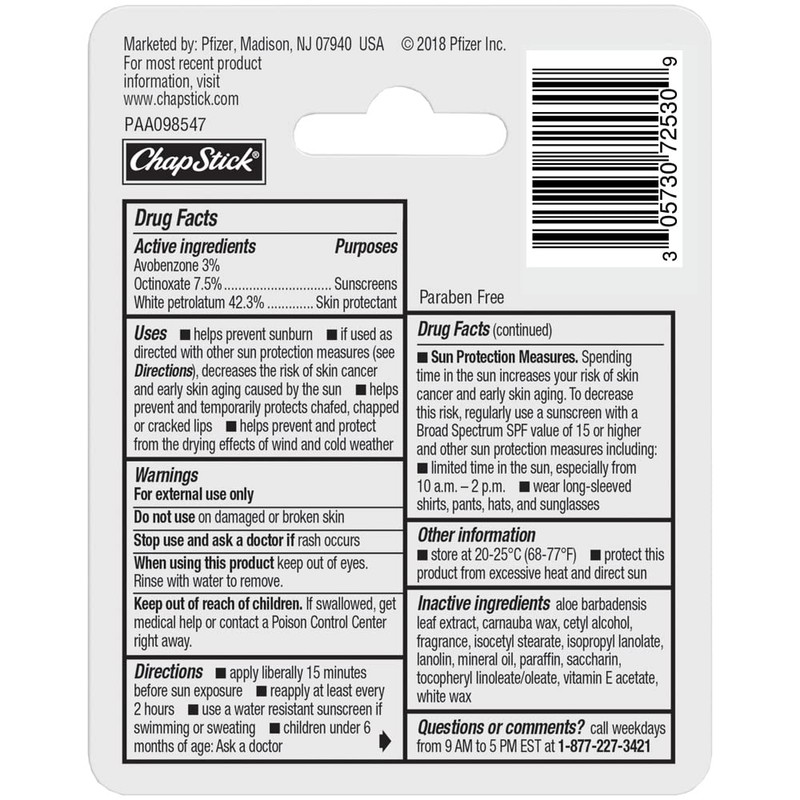 ChapStick Moisturizer Original Lip Balm Tubes, SPF 15 and Skin
