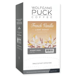 Wolfgang Puck Coffee, French Vanilla Light Roast, 9.5 Gram Soft Pods, 18 Count (Pack of 6)