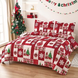Christmas Quilt Set Queen Size Christmas Bedding Xmas Christmas Quilt Bedspread,Red Plaid Christmas Quilt Bedding Gnome Christmas Decor Holiday Christmas Lightweight Reversible Quilt Bedspread Bedding
