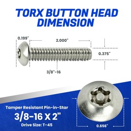 Fastenere Torx Security Machine Screws - 3/8-16 x 2 (5-Pack) Stainless Steel, Tamper-Resistant, Button Head Screws, Bolt Screw for Higher Level of Safety & Theft Prevention