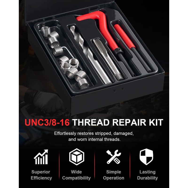 Kolvoii UNC3/8-16 Thread Repair Kit, SAE Helicoil Thread Repair Kit