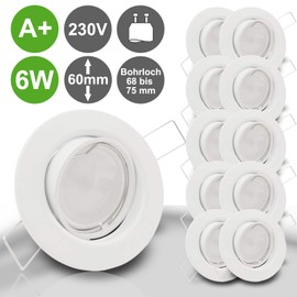 trendlights24 Decora LED Recessed Spotlights 230 V White Round Set of 10 Spotlights 6 W 500 lm GU10 Cool White Ceiling Recessed Light 68 mm Swivel Recessed Spotlights