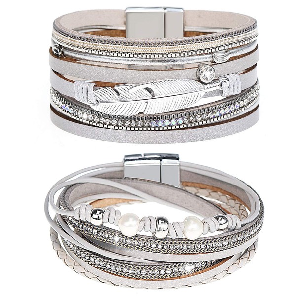 Gleamart Silver 2 Pieces Multilayer Leather Bracelet Set Beads Wrap