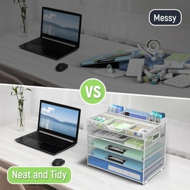 Docnest 5 Tier Mesh Desk Organizer- Letter Tray with Adjustable Compartments, Mesh Desktop Storage Built in Pen Holder and Handles, Desk Organizer Tray for Mail Documents Office Supplies–White