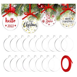 Christmas Acrylic Baubles Blanks, 18 Pcs 3 Inch/7.5 cm Xmas Clear Acrylic Blanks with Red Ribbon for Christmas Tree Ornaments Hanging Decoration DIY Blank