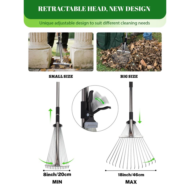 Adjustable Metal Leaf Rake Set Garden Rake for Leaves Long