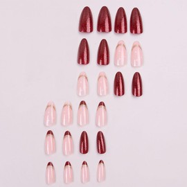 Red Press on Nails Valentines Medium Almond Fake Nails French Tip False Nails with Gold Glitter Design Full Cover Glossy Artificial Acrylic Christmas Nails Glue on Nail Stick on Nail for Women 24 PCS