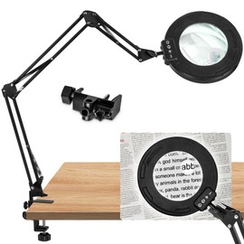HITTI Ultra Long 12X & 30X Magnifying Glass with Light and Clamp, 5 Color Modes Steepless Dimming Desk Lamp, Swivel Arm Workbench Light, Hands Free Lighted Magnifier Stand for Craft Reading Hobby